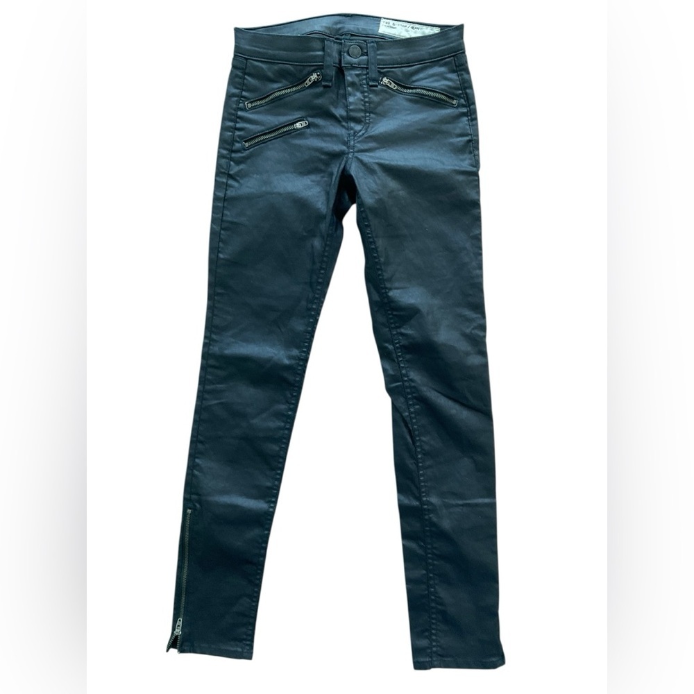 Rag & Bone Black Coated Moto Skinny Jeans Zipper Detail Sz 24 EUC
